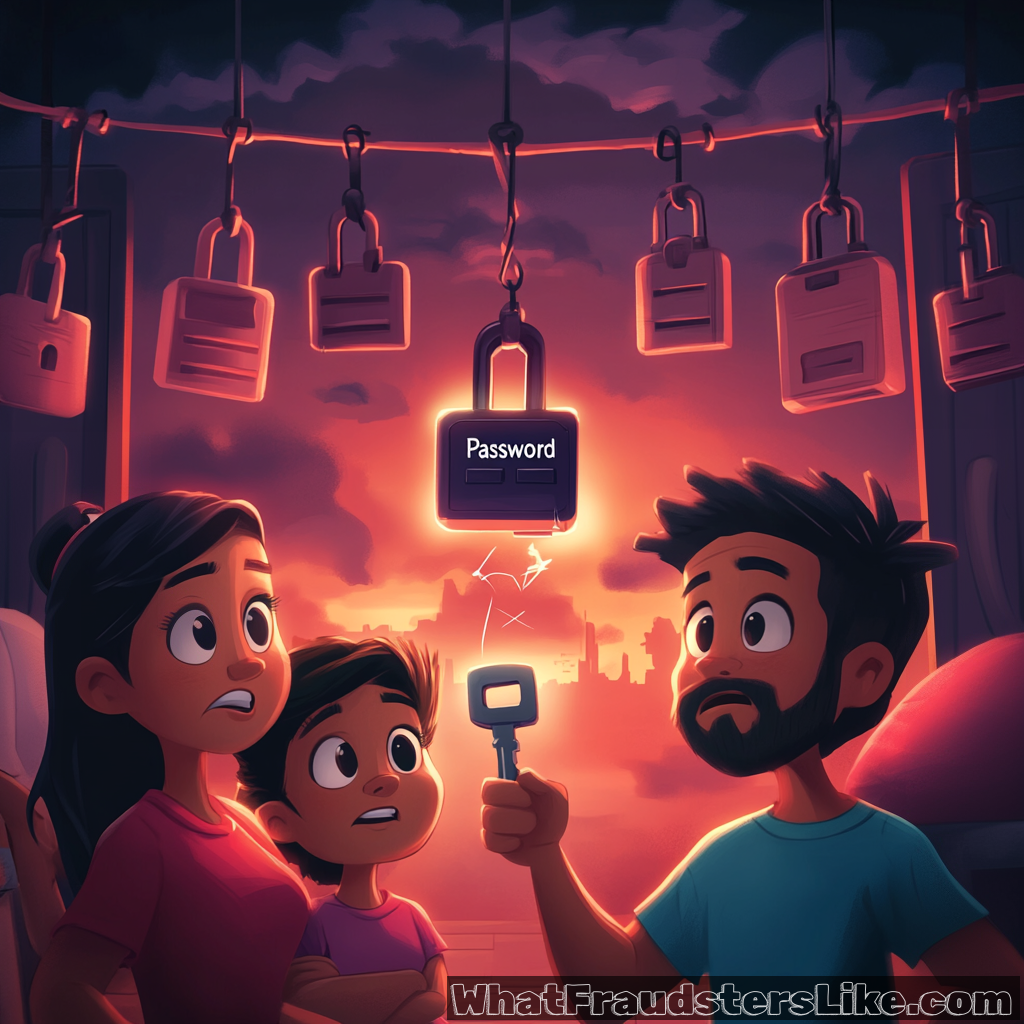 A family of three, looking concerned, watches as a glowing key held by the father appears to interact with a prominent "PASSWORD" padlock hanging from a row of other locks against a dramatic, sunset-like sky.